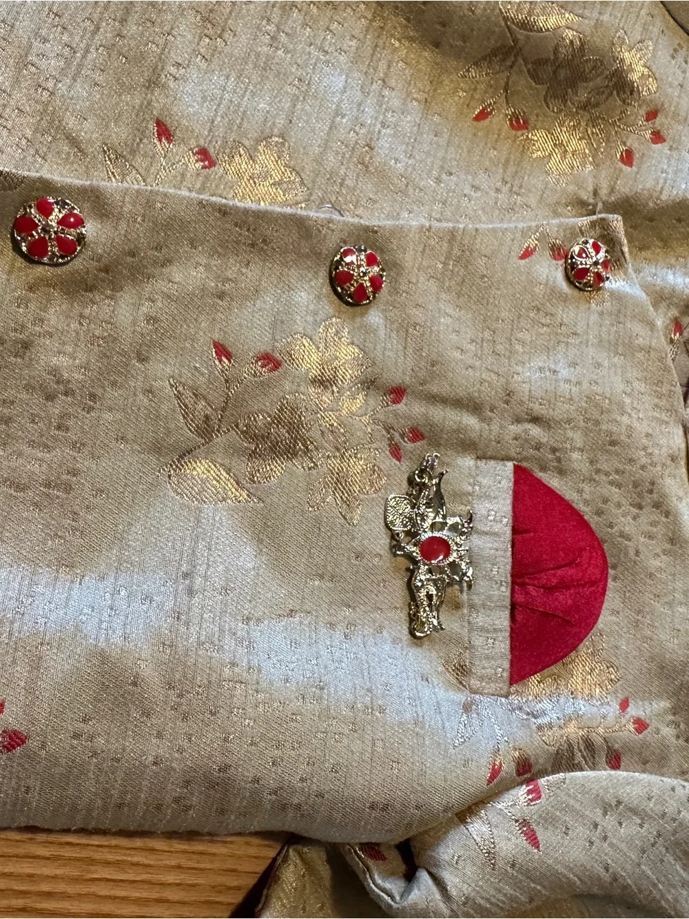 Embroidered Gold-Tone Brocade Jacket with Red Accents